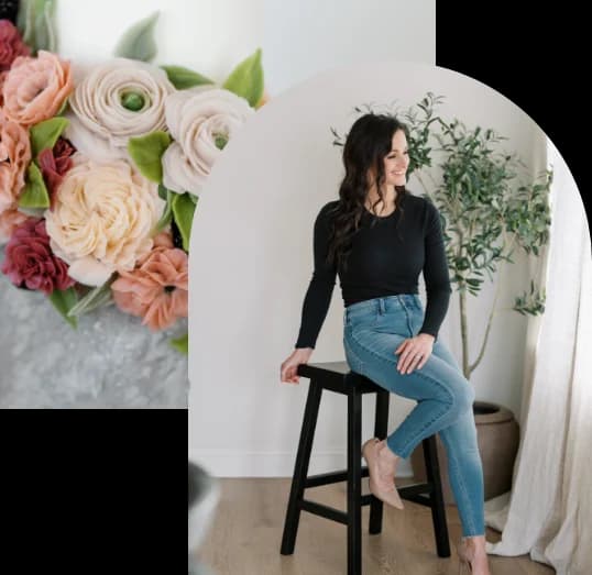 Beautiful floral arrangement and Dana sitting with flowers
